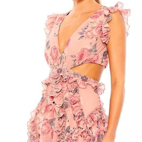 Mac Duggal Rose Pink Floral Ruffle Chiffon Cut-Out Beaded Waist Gown - Picture 5 of 5